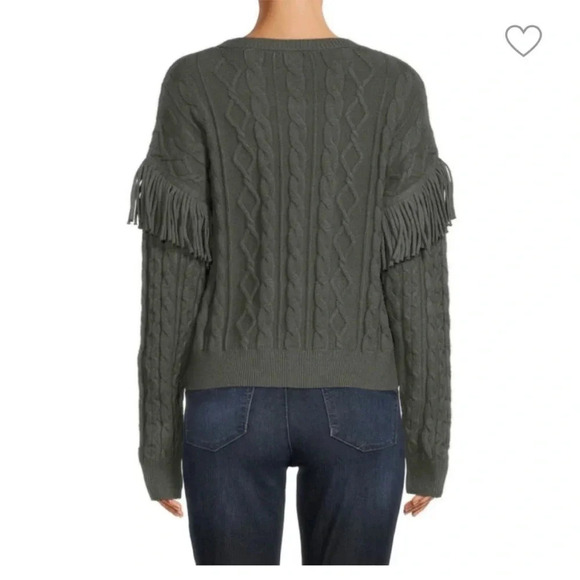 T Tahari NWT Cable Knit Sweater Women Sz Medium Alpine Green Fringe Trim Chunky - Picture 3 of 8
